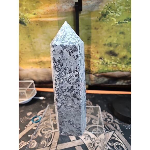 4.83lb 10in Tall Crazy Lace Jasper Crystal Point Tower Healing - Picture 2 of 9